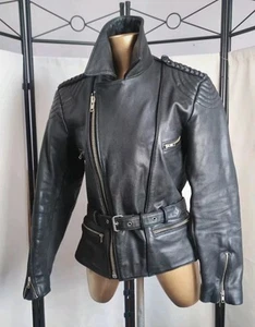 VINTAGE BMW MOTORRAD BIKER JACKET LADIES SIZE 8 BLACK LEATHER PADDED ELBOWS - Picture 1 of 20
