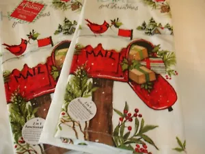 Christmas Mailbox Cardinal Bird Dish Towels Dual Purp Terry Cotton Towels SET - Picture 1 of 4