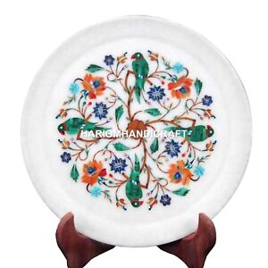 Marble Dish Plate Marquetry Inlay Parrot With Floral Precious Kitchen Arts H1444