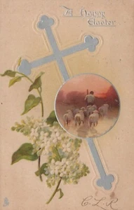 R Tuck Easter Series E109 Shepherd Leads Sheep Silver Cross Animals Postcard - Picture 1 of 2
