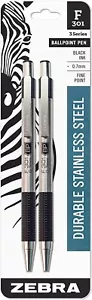 Zebra F-301 Ballpoint Stainless Steel Retractable Pen 0.7mm Black Ink 2-Count - Picture 1 of 4