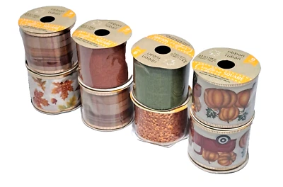 Set Of 8 Piece Fall Mix Wire Edge Craft Ribbon 9ft x 2.5in/ Roll & Bows T-giving - Image 1 of 4