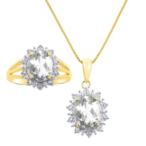 Rylos 925 Gold Plated SilverJewelry Set White Topaz & Diamond 9X7MM - Picture 1 of 5