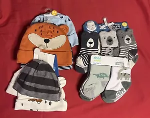 Newborn Clothes Beanie Socks 8 Pack Boy Caps And 6 Pair Socks Lot 0-6M New - Picture 1 of 10