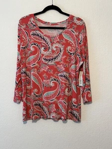 Investments Womens Sz XL 3/4 Sleeve Pink/Red Paisley Essentials Knit Top Blouse - Picture 1 of 10