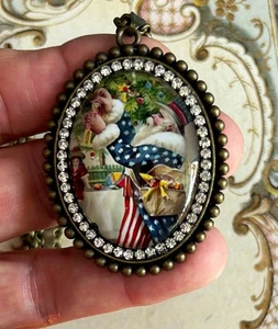 Vintage Art Patriotic Santa Claus Rhinestone  Necklace Glass Dome Artisan OOAK - Picture 1 of 3