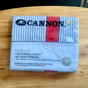 Cannon Vintage Gray White Red Stripe Percale Queen Flat Bed Sheet Irregular - Picture 1 of 5