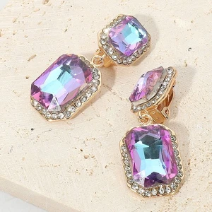 Clip on 1 3/4" gold and pink square stone dangle earrings - Picture 1 of 4