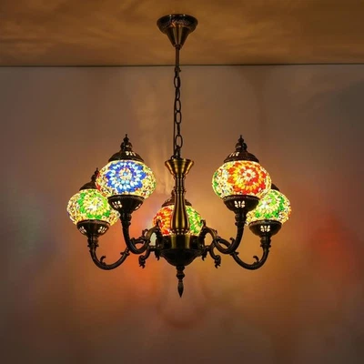 Lámpara de Dormitorio Tiffany Mosaic con Luz Colgante Turca de 5 Globos Foto 1 de 4