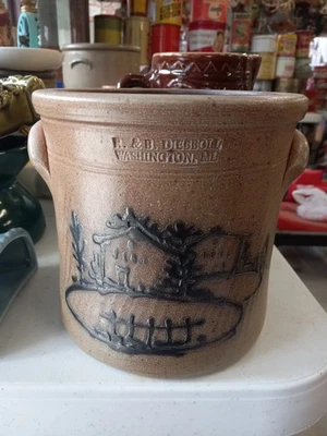 Stoneware Crock W/ Cobalt Black Cabin Scene Antique R & B DIEBBOLL 1800-1899 - Image 1 of 4