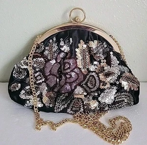 Vintage Jessica McClintock Evening Bag, Beaded & Sequin Kiss Lock Clutch Purse - Picture 1 of 8