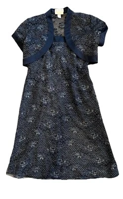 Vintage Badgley Mischka Navy Strapless Floral Lace Gown W/ Bolero Jacket Sz 12 - Image 1 of 4