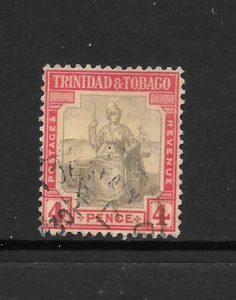 TRINIDAD & TOBAGO SCOTT 5 USADO FINO - EDICIÓN 1913 4p CICATRIZ Y NEGRO/AMARILLO - BRITANIA - Imagen 1 de 2