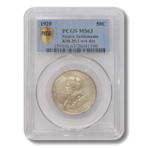 Straits Settlements King George V 50 Cents 1920  KM-35.1 w/o dot PCGS MS-63 - Picture 1 of 4