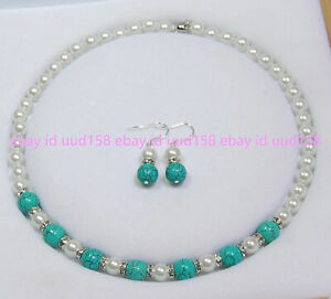 8-10mm White Akoya Shell Pearl & Blue Turquoise Gems Beads Necklace Earrings Set