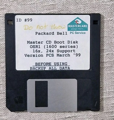Disquete de arranque de CD Packard Bell Master 1999 vintage ID #99 OSRI 1600 Series  Foto 1 de 4