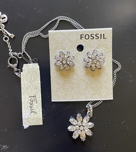 FOSSIL NECKLACE & EARRING SET CLEAR CRYSTAL FLOWER - Bild 1 von 12