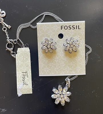 FOSSIL NECKLACE & EARRING SET CLEAR CRYSTAL FLOWER - Image 1 of 4