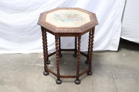 Antique English Octogonal Table Barley Twist Legs Needlepoint Top Cover