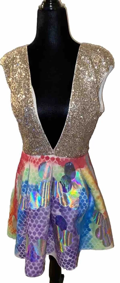 Miss Avenue M/L Mini Vestido de Fiesta Disfraz de Sirena Multicolor Cuello en V Dorado Lentejuelas Foto 1 de 4