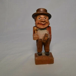 Carved and Painted Wooden Man with Top Hat Playing drum Instrument 3 1/2" Tall - Picture 1 of 6