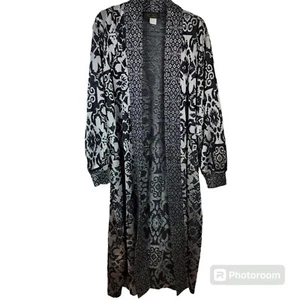 VTG TORI 2 Patterned Geometric Longline Knit Cardigan Duster Black Silver USA - Picture 1 of 14