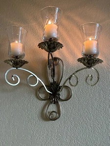 Hollywood Regency 3 Arm Wall Sconce Candle Holder Brass Metal Glass Peg Inserts - Picture 1 of 24
