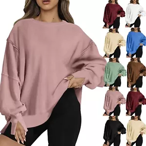 Women's Oversized Sweatshirt Crew Neck Long Sleeve Casual Slit Sloucthy Pullover - Picture 1 of 47