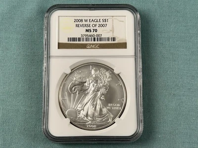 RARE! 2008-W Reverse of 2007 American Eagle BURNISHED Silver 1 oz Coin MS70 NGC - Image 1 of 4