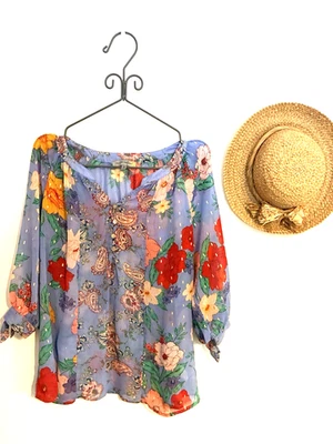 Blusa Figueroa y Flor Floral Azul Periwinkle Transparente Talla 1X Top Manga 3/4 Boho Foto 1 de 4