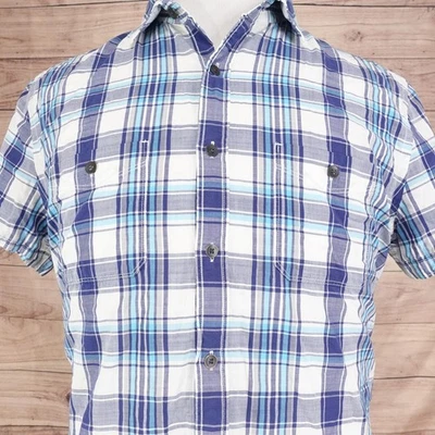 Express Shirt Mens Large Blue White Plaid Short Sleeve Button Down Cotton Casual - Image 1 of 4