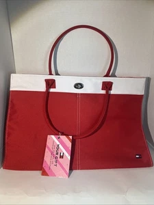 Tommy Hilfiger Canvas Beuteltasche Tasche rot weiß Damen Neu mit Etikett 17" x 11,5" x 7" mit Schlüsselanhänger - Bild 1 von 11