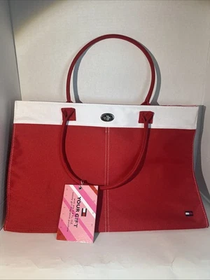 Bolsa tote de lona Tommy Hilfiger vermelha branca feminina nova com etiquetas 17” x 11,5” x 7” com chaveiro - Imagem 1 de 4