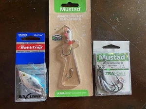 3 - Mustad,  1 Rat-L-Trap, 1 Addicted Walleye Death Spinner, 1 Weighted Hooks - Picture 1 of 2