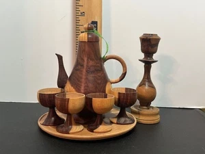 Miniature 2 Tone Wooden DECANTER WITH 4 GOBLETS, TRAY, & CANDLE HOLDER - Picture 1 of 4