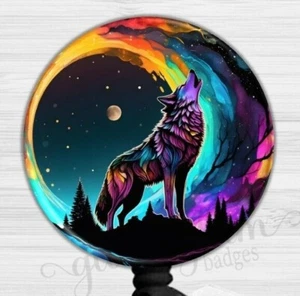 Heulender Wolf zum Mond Abzeichenhalter, spirituelle Abzeichenrolle, Ausweis einziehbar 6594 - Bild 1 von 9