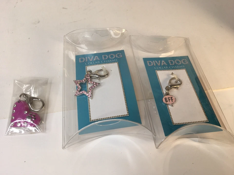 Lot Of 3 Diva Dog  Dog Collar Charms New Rhinestone Star BFF Pink Heart Enamel - Image 1 of 4