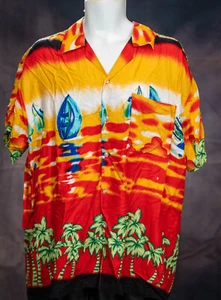Camisa de campamento hawaiana grande tropical vintage roja puesta de sol - Imagen 1 de 10