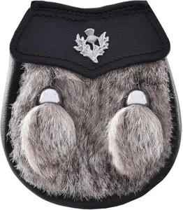 Scottish Boys Kilt Semi Sporran Gris Piel Cardo Cresta Cuero Negro/Sporrans - Imagen 1 de 2