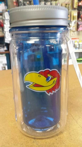 KU JAYHAWKS UNIVERSITY OF KANSAS MASON JAR WATER BOTTLE CUP MUG 16 oz. INSULATED Cover