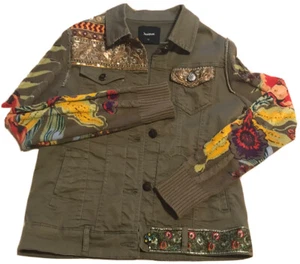 Desigual Khaki Denim Jean Jacket Sz 36/S ~ Floral Knit Sequin Trim Embroidered - Picture 1 of 11