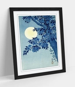 MOONLIT SAKURA CHERRY BLOSSOMS JAPANESE ARTWORK -FRAMED ART PICTURE PAPER PRINT - Picture 1 of 10