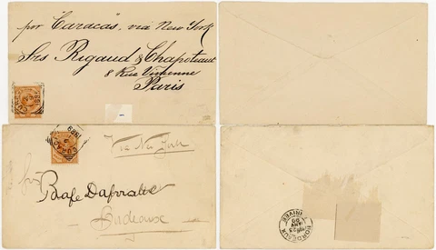 CURACAO 1895-99 to FRANCE 2 ENVS via USA SHIP CARACAS RED D LINE WIDE+NARROW PMK Cover