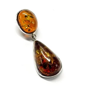 925 Solid Sterling Silver Real Cognac Baltic Amber Designer Pendant 2.4 in 13 g - Picture 1 of 3