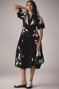 Anthropologie Short-Sleeve Embroidery Applique Midi Dress Small Petite SP NEW - Picture 1 of 3