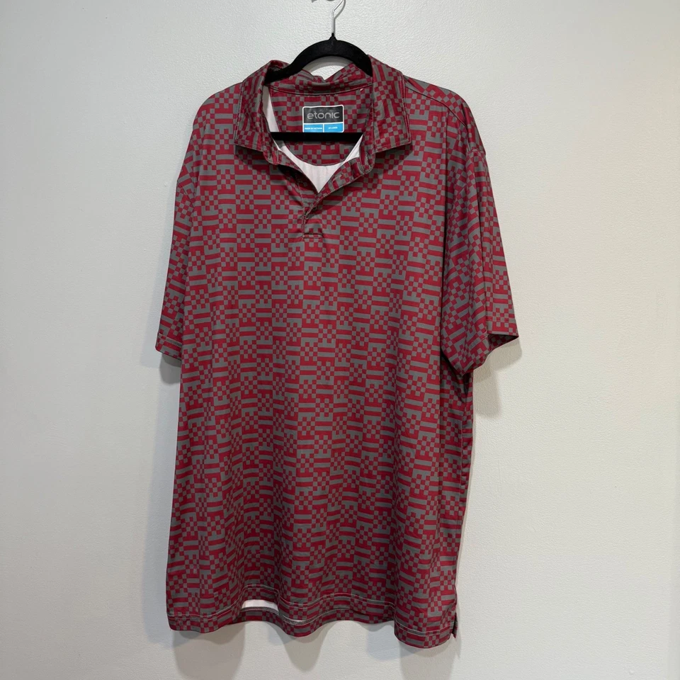 Etonic Mens Golf Polo Shirt 2X Large Red Grey Checkered Short Sleeve Athletic - Image 1 of 4