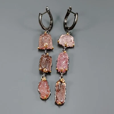 Handmade 30 ct+ Natural Tourmaline Earrings 925 Sterling Silver /E129559 - Image 1 of 4