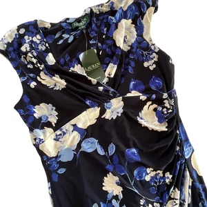 NWT Lauren Ralph Lauren Women's Floral Dress Sleeveless Ruched Blue White Sz 12 - Picture 1 of 6