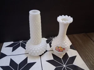 Vintage Lot of Two Milk Glass Hobnail Crane Neck and Avon Floral Print Bud Vases - Picture 1 of 5