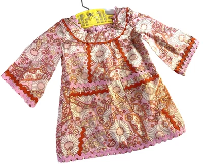 Vestido de Colección Años 60 Hippie Boho Niño Pequeño Talla 2 Arte Pop Flores Mangas Campana Rick Rack Foto 1 de 4